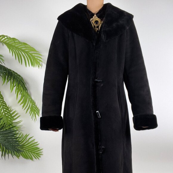 Womens Vintage Dana Buchman Black Suede Faux Fur Elegant Classy Full Long Coat - Picture 3 of 9